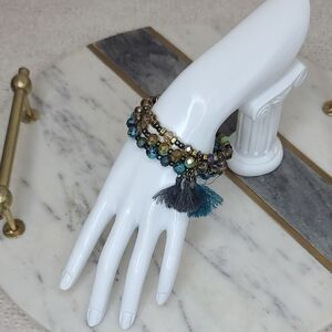 Versona Multi Strand Earth Hued Beaded Stacked Stretch Bracelets w/Fringe Tassel